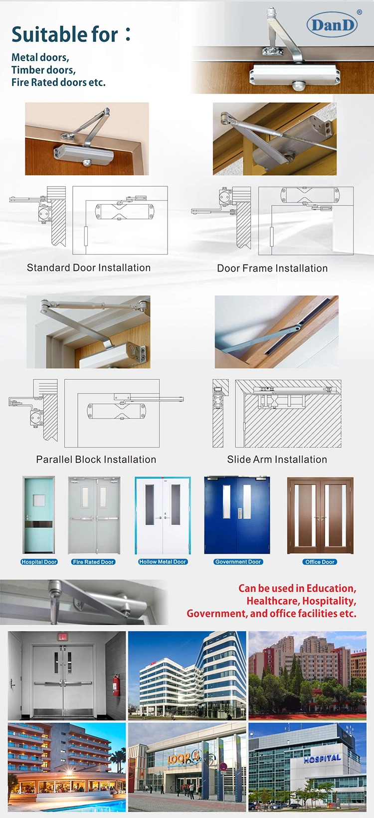 UL Listed Aluminium Alloy Parallel Arm Installation Commercial Door Closer