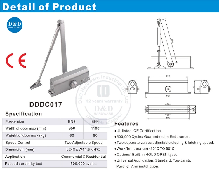 En1154 Fire Rated Overhead Aluminium Automatic Glass Door Closer Accessories